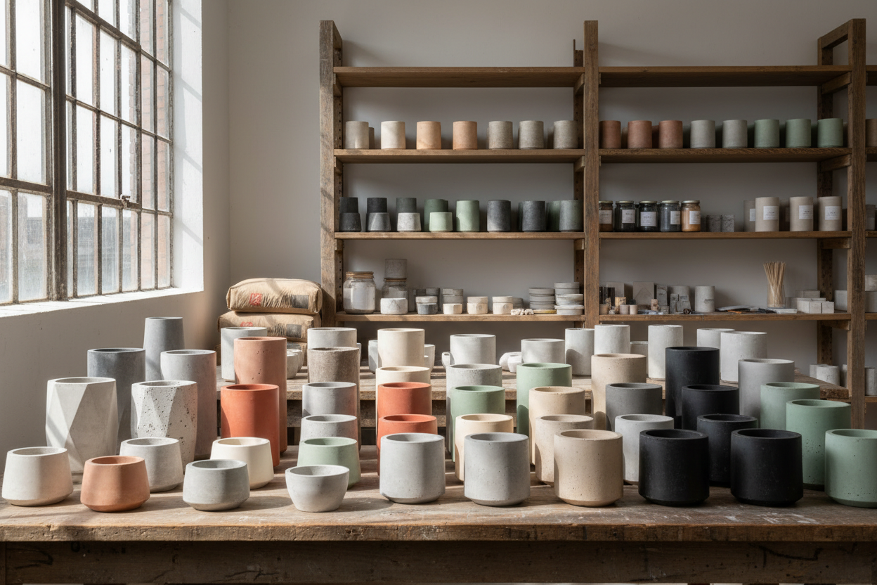 an entire full studio full of cement candle vessels varying in size & color 